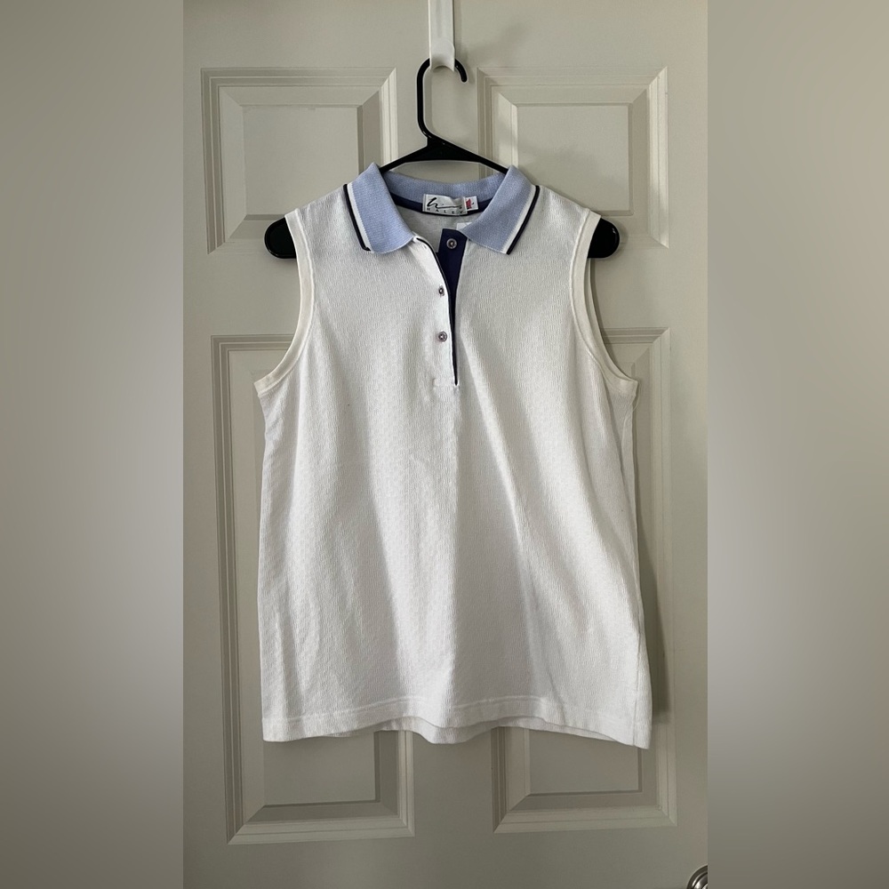 Women’s Vintage Hayley knit White Collared button tank top w/blue trim size L - Picture 1 of 3